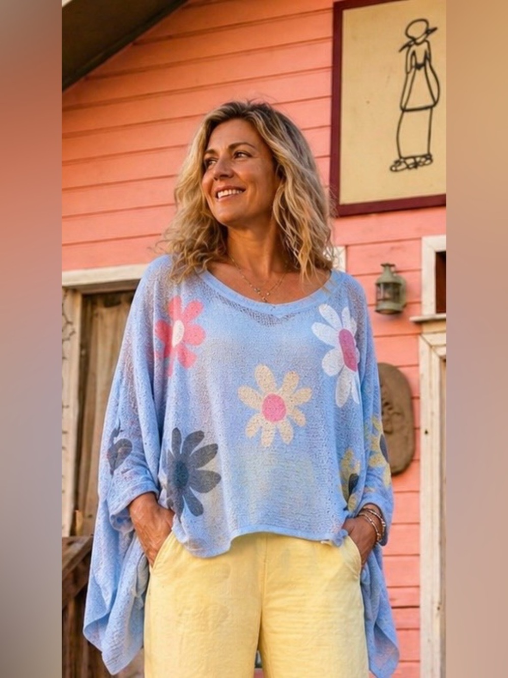 POL Light Blue Floral Oversized Sweater Poncho